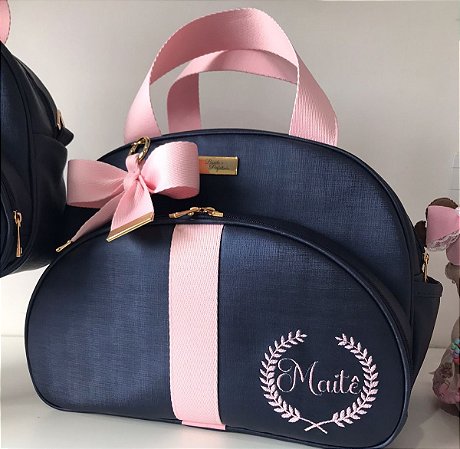 Bolsa Maternidade Média Sintético Azul Marinho com faixa rosa bebê